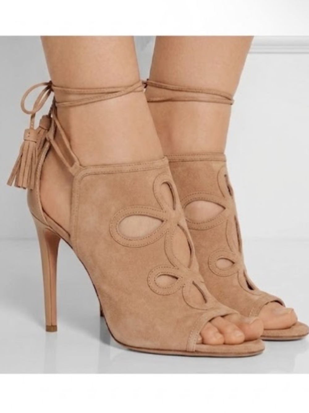 Aquazzura Get Me Everywhere Suede Tassel Cutout Tan Nude 105 Heels Size 39 - Picture 3 of 11